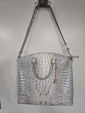 Brahmin Large Duxbury Croc-Embossed Leather Satchel Tote in Pale Blue and Cream